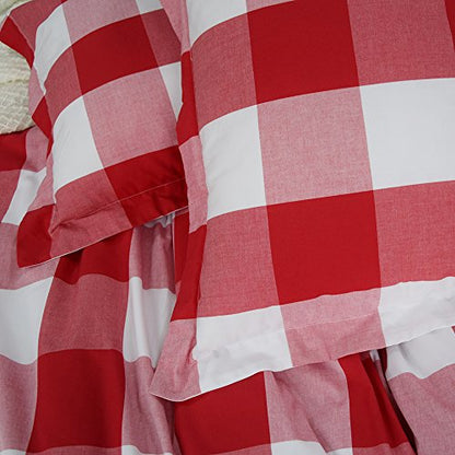  Cotton Duvet Cover Set, 100% Cotton Yarn Dyed Plaid Check Duvet Cover With 2 Pillowshams - Full/Queen Red