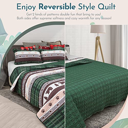 Judvx Quilt Set King Size White & Green Rustic Bedding Reversible 3 Piece Bedspreads & Coverlet, Lightweight Microfiber Plaid Pattern Lodge Bear Quilts For All Season (1 Quilt, 2 Pillow Shams)