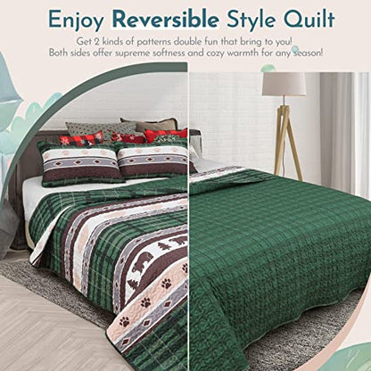  Judvx Quilt Set King Size White & Green Rustic Bedding Reversible 3 Piece Bedspreads & Coverlet, Lightweight Microfiber Plaid Pattern Lodge Bear Quilts For All Season (1 Quilt, 2 Pillow Shams)