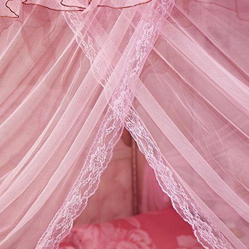  4 Corners Post Pink Canopy Bed Curtain For Girls & Adults - Cute Cozy Drape Square Netting For Twin Bed - 4 Opening 45" W X 80" L Mosquito Net - Princess Bedroom Decoration