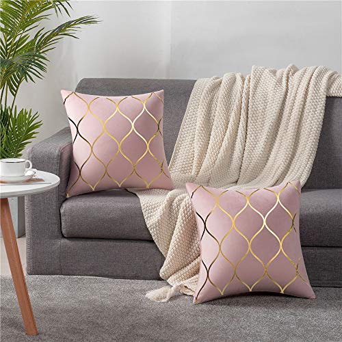  DEZENE Gold Velvet Throw Pillow Covers: 2 Pack 18x18 Inch Square Decorative Pillow Cases for Bedroom Sofa Couch Living Room, Pink
