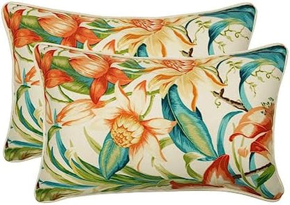 Pillow Perfect Tropic Floral Outdoor Throw Accent Pillow, Plush Fill, Weather, And Fade Resistant, Small Lumbar - 11.5" X 18.5", Blue/Green Botanical Glow, 2 Count