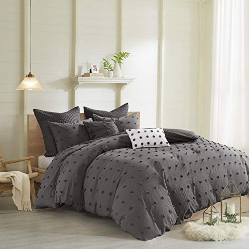  Duvet Set 100% Cotton Jacquard, Tufts Accent, Shabby Chic All Season Cover For Comforter, Matching Shams, Decorative Pillows, Full/Queen (88 In X 92 In), Charcoal 7 Piece