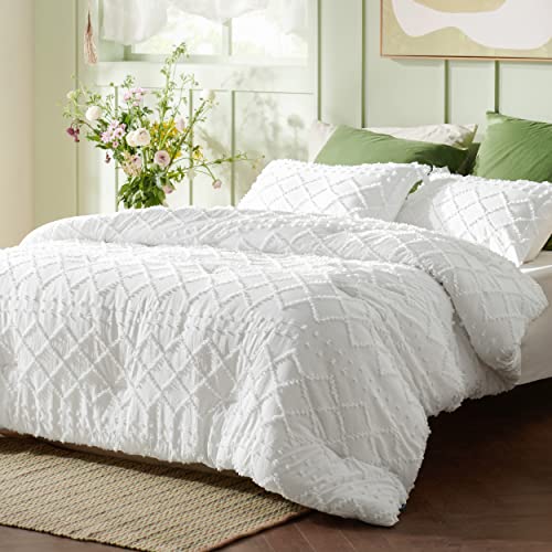  Bedsure Boho Comforter Set Queen - White Tufted Shabby Chic Bedding Comforter Set For All Seasons, 3 Pieces Western Comforter Farmhouse Modern Embroidery Bed Set For Women Men Girls