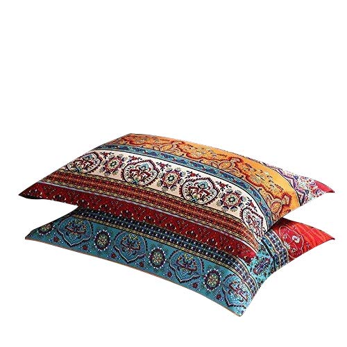  Exotic Striped Bohemia Pillow Shams Queen Size 2 Pieces,100% Brushed Cotton Thick Boho Pillow Cases Bohemian Pillow Covers,19" X 29"