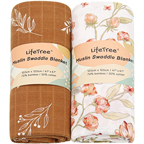  LifeTree Muslin Swaddle Blankets Neutral, Baby Swaddling Wrap Nursery Receiving Blanket For Boys & Girls Unisex, Soft Bamboo Cotton, Large 47 X 47 Inches, Bear & Checkered Coffee