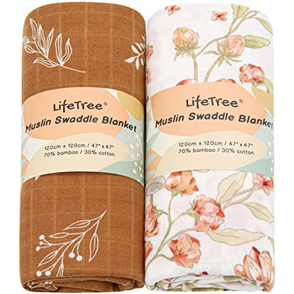  LifeTree Muslin Swaddle Blankets Neutral, Baby Swaddling Wrap Nursery Receiving Blanket For Boys & Girls Unisex, Soft Bamboo Cotton, Large 47 X 47 Inches, Bear & Checkered Coffee