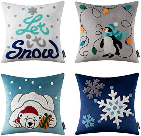  Phantoscope Set Of 4 Merry Christmas Decorative Velvet Throw Pillow Covers Xmas Cushion Cover With Embroidered Lantern, Penguin, Bear, Snowflake For Couch Sofa Bed, Blue, 18 X 18 Inches