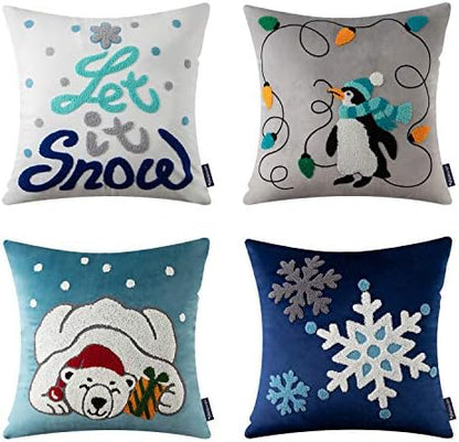  Phantoscope Set Of 4 Merry Christmas Decorative Velvet Throw Pillow Covers Xmas Cushion Cover With Embroidered Lantern, Penguin, Bear, Snowflake For Couch Sofa Bed, Blue, 18 X 18 Inches