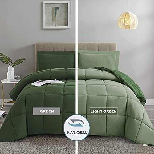  HIG 3pc Green Down Alternative Comforter Set Queen Size - All Season Reversible Comforter With Two Shams - Quilted Duvet Insert With Corner Tabs - Box Stitched - Breathable, Soft, Fluffy