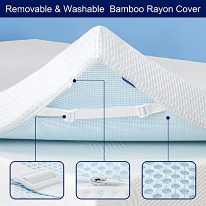  3 Inch Gel-Infused Memory Foam Bed Mattress Topper High Density Cooling Pad Removable Fitted Bamboo Cover Ventilated Design-10 Years Warranty (Queen)