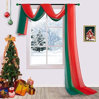  KOUFALL Christmas Sheer Curtains 144 Inches Long For Living Room Ombre Window Scarf Valances Red And Green Decor