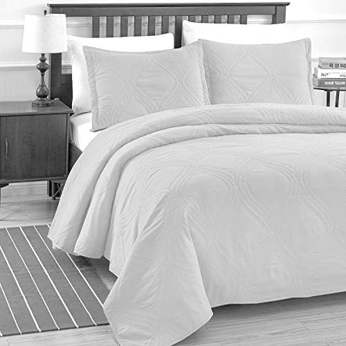 Unknown Luxe Bedding Solid Color Lightweight Oversize Cotton Filled Stitched 3-Piece Olive Leaves Bedspread Coverlet Set (King/California King, White / Peace)