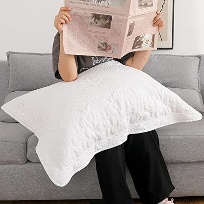  Pillow Shams Standard Size Set Of 2, Ultra Soft Breathable Quilted Embroidery Pillow Cases 20 X 26 Inches For Sleeping, Decorative Microfiber Bed Pillowcases Easy Care, White