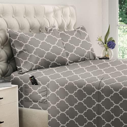  DREAMCARE Twin XL Sheets 4pcs XL Twin Sheet Set Twin XL Fitted Sheet Extra Long Twin SheetsSoft & Long Lasting 100% Fine Brushed Microfiber Polyester With Side Pocket, Gray