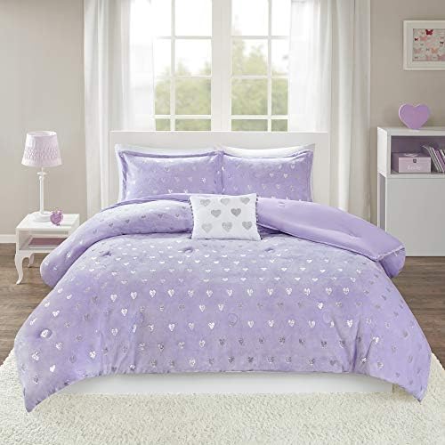  Mi Zone Rosalie Comforter Ultra-Soft Microlight Plush Metallic Printed Hearts Brushed Reverse Overfilled Down Alternative Hypoallergenic All Season Bedding-Set, Full/Queen, Purple/Silver, 4 Piece