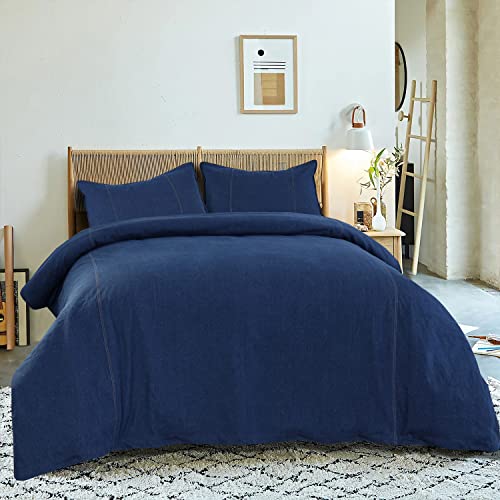  Karin Maki 100% Washed Cotton Yarn Dyed Blue Denim Duvet Cover With Button Closure - Soft And Fade-Resistant Natural Modern Style Comfy Bedding Duvet Cover - Full