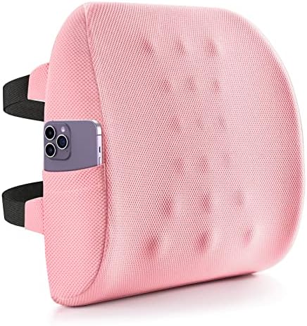  Fyore Lumbar Pillow Memory Foam Back Support Cushion With Anti-Slip Particles Designed For Lower Back Pain Relief Back Pillow 2 Adjustable Straps For Computer/Office Chair,Car Seat,Recliner(Pink)