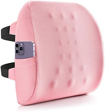  Fyore Lumbar Pillow Memory Foam Back Support Cushion With Anti-Slip Particles Designed For Lower Back Pain Relief Back Pillow 2 Adjustable Straps For Computer/Office Chair,Car Seat,Recliner(Pink)