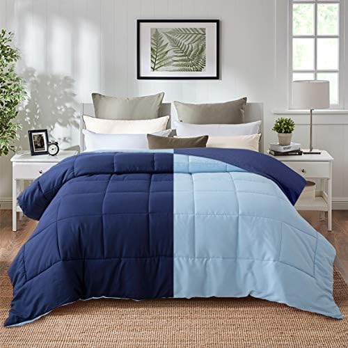  All Season Pre Washed Soft Microfiber White Goose Down Alternative Comforter With Box Stitching (Navy/Light Blue, Twin)