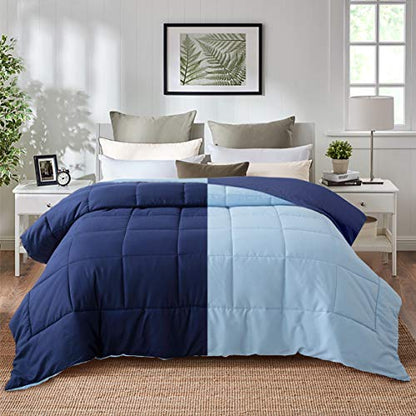  All Season Pre Washed Soft Microfiber White Goose Down Alternative Comforter With Box Stitching (Navy/Light Blue, Twin)