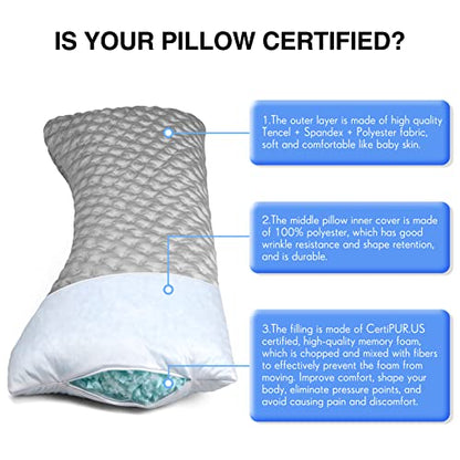  SNEINO Neck Pillows For Pain Relief Sleeping Queen Size - Shredded Memory Foam Pillows, Adjustable Bed Pillows For Back, Stomach And Side Sleeper, Extra Fill Included, CertiPUR-US/Oeko-TE（Grey）