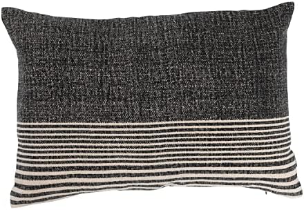  Creative Co-Op Cotton Blend Slub Lumbar Stripes And Leather Tab Pillow, 20" L X 14" W X 2" H, Black