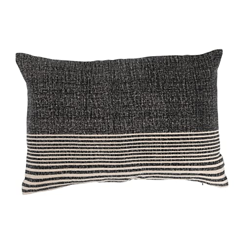  Creative Co-Op Cotton Blend Slub Lumbar Stripes And Leather Tab Pillow, 20" L X 14" W X 2" H, Black