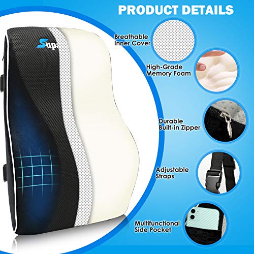 Lumbar Support Pillow For Office Chair And Car Seat Back Support Memory Foam Back Cushion For Lower Back Pain Relief, Lower Back Pillow For Gaming Chair, Desk Chair With 3D Mesh Cover Adjustable Strap