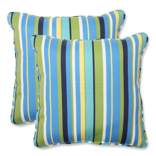  Pillow Perfect Stripe Outdoor Throw Accent Pillow, Plush Fill, Weather, And Fade Resistant, Large Square - 18.5" X 18.5", Blue/Green Topanga, 2 Count