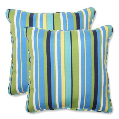  Pillow Perfect Stripe Outdoor Throw Accent Pillow, Plush Fill, Weather, And Fade Resistant, Large Square - 18.5" X 18.5", Blue/Green Topanga, 2 Count