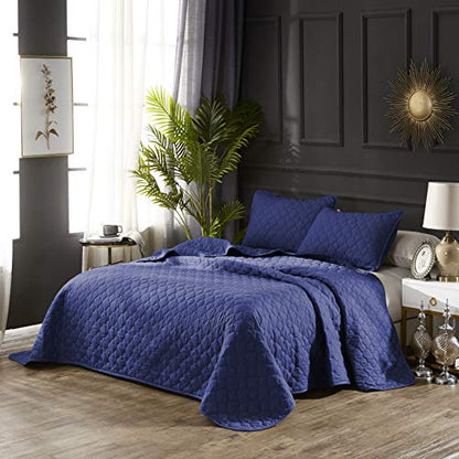  Oversize Queen Stitched Blue Color Quilted Flower Design Bedspread Coverlet 106 By 100 Inches Plus 2 Standard Shams 20 By 26 Inch Breathable Reversible, Home, Hotel,Motel, Rentals - 6.28 Lbs