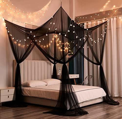  Mengersi Bed Canopy With Lights,Christmas Snowflakes Bed Canopy For Girls Room Decor,Princess Bed Canopy For Twin Full Queen King Size Bed,Black