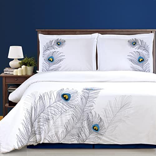 Superior 100% Cotton, 3-Piece King/California King, Single Ply, Soft, Embroidered Peacock Duvet Cover Set, Silver