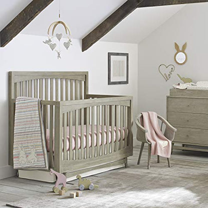  Cotton Tail - Soft 100% Cotton Rose, Grey, Aqua, Ivory Ribbon Stripe Nursery Crib Quilt With Appliqued Bunnies, Rose, Ivory, Aqua, Coral