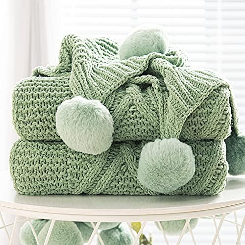  Chunky Knit Blanket With Pom Poms- Thick, Soft, Big, Cozy Throw Blankets For Couch, Bed, Sofa, Chair-50×60 Inches,Pink