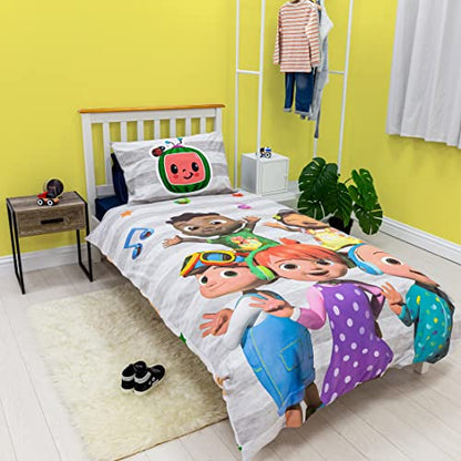  CoComelon Single Duvet Cover Officially Licensed | Reversible 2 Sided Friends Design With Matching Pillowcase, Polycotton, Grey