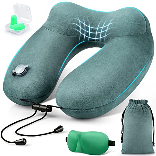  Urophylla Inflatable Travel Pillow For Airplane, Inflatable Neck Pillow For Traveling With 3D Contoured Eye Masks, Adjustable Neck/Chin Support Pillow For Trains, Cars, Large (Green)