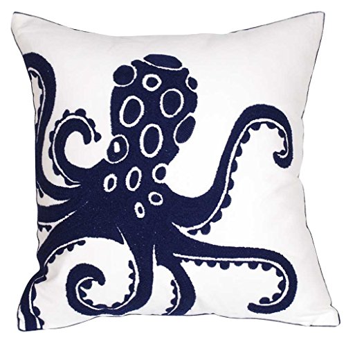  DECOPOW Embroidered Nautical Decor Pillow Cover,Square 18 Inches Decorative Canvas Pillow Cover For Nautical Style Deco By (Navy-Octopus)