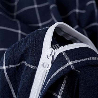  - Navy Grid Duvet Cover Set, 100% Washed Cotton Bedding, Navy Blue With White Grid Plaid Geometric Pattern Printed, With Zipper Closure (3pcs, Twin Size)