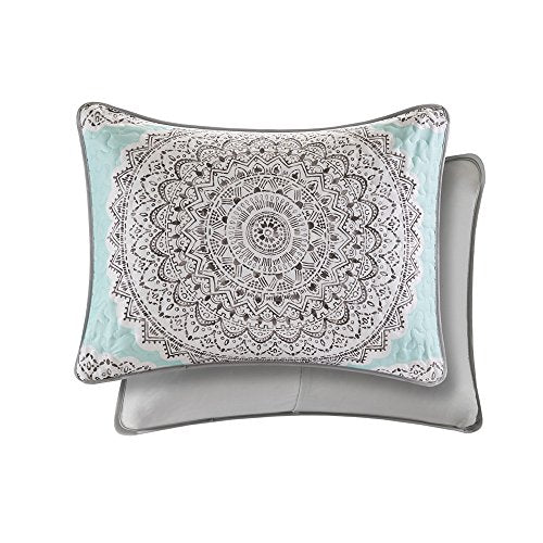  Reversible Quilt Set - Vermicelli Stitching Bohemian Design, All Season, Lightweight, Coverlet Bedspread Bedding, Shams, Twin/Twin XL(66"x90") Adele Aqua Medallion 2 Piece