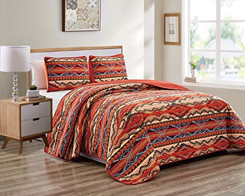  Tic Western Native American Quilt Bedspread Coverlet Bedding Set In Modern Southwest Tribal Patterns In Soft Beige Brown Turquoise Blue Copper Burnt Orange & Rust Colors - Arizona (Full / Queen)