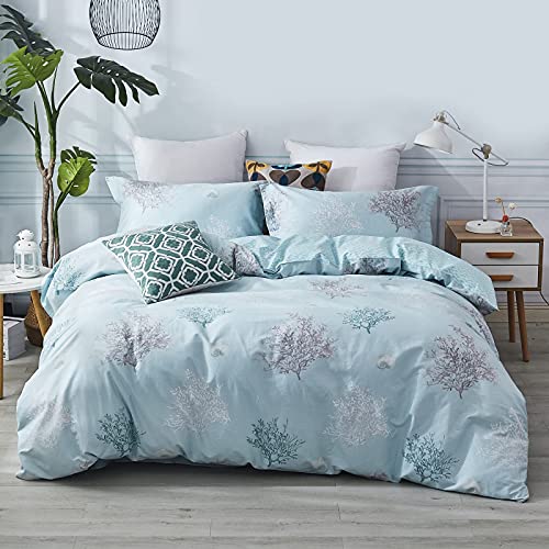 Brandream Coastal Beach Bedding Set Queen Size 100% Cotton Duvet Cover Set Tropical Coral Seashells Bedroom Set 3-Piece (No Comforter)
