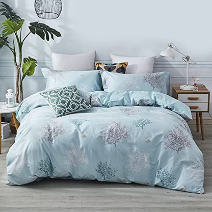  Brandream Coastal Beach Bedding Set Queen Size 100% Cotton Duvet Cover Set Tropical Coral Seashells Bedroom Set 3-Piece (No Comforter)
