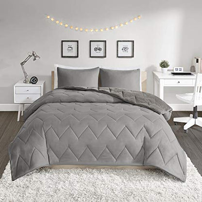  Intelligent Design Kai Solid Chevron Quilted Reversible Ultra Soft Microfiber To Cozy Plush Zipper Closure Comforter Set Bedding, Full/Queen Size, Grey