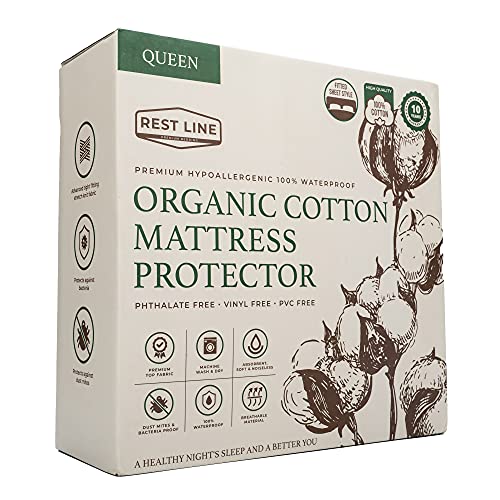  Est LINE 100% Cotton Organic Mattress Protector Queen (60x80in), Organic Cotton Mattress Cover. 100% Waterproof Mattress Protector,Cooling Mattress Cover And Hypoallergenic. Non Zippered