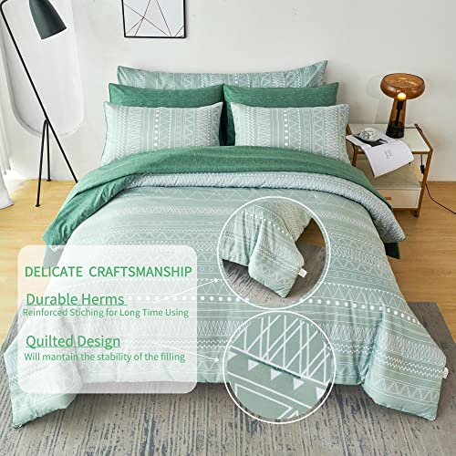  RYNGHIPY Striped Boho Bed Comforter Set Full Size Sage Green, 8Pcs Geometric Bohemian Bed In A Bag Down Alternative Comforter Bedding Set (Sage Green,Full Size)