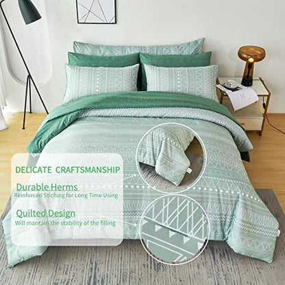  RYNGHIPY Striped Boho Bed Comforter Set Full Size Sage Green, 8Pcs Geometric Bohemian Bed In A Bag Down Alternative Comforter Bedding Set (Sage Green,Full Size)
