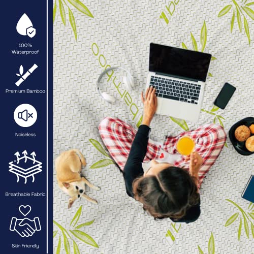  Bamboo Mattress Protector With Zipper - 100% Waterproof Queen Size Mattress Cover - Ultra Soft Jacquard Fabric Cooling Breathable Noiseless Mattress Pad Covers - Zippered Mattress Encasement