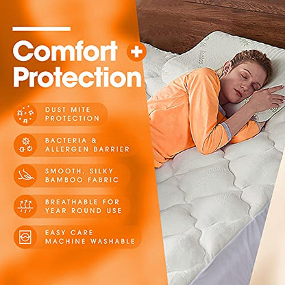  Soft And Plush Bamboo Fitted Mattress Topper - Twin Size - Plush Eco Friendly Mattress Protector Cover For Bedding - (Queen)